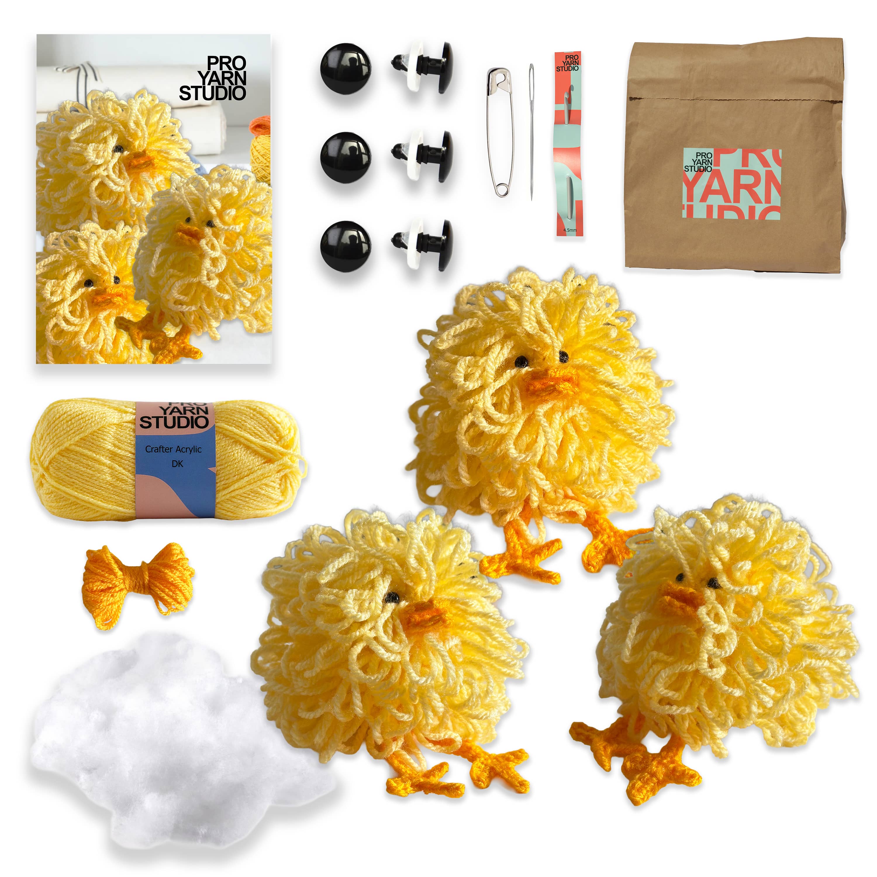 Yarn Studio product set with yellow yarn, duck-shaped yarn sculptures, and packaging on a white background.