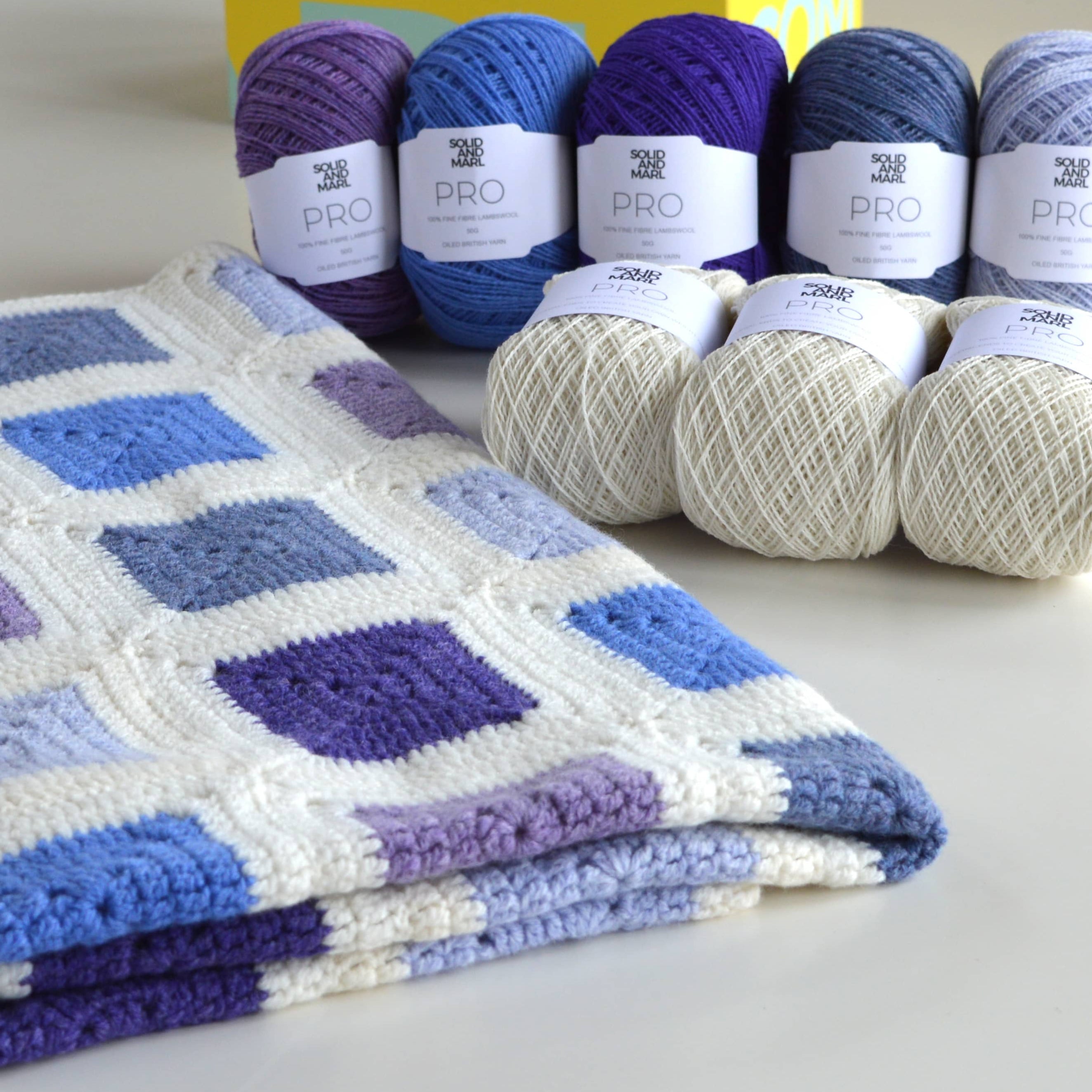 Pro Yarn Studio Five Colour Granny Square Crochet Blanket Kit. Content of the Kit