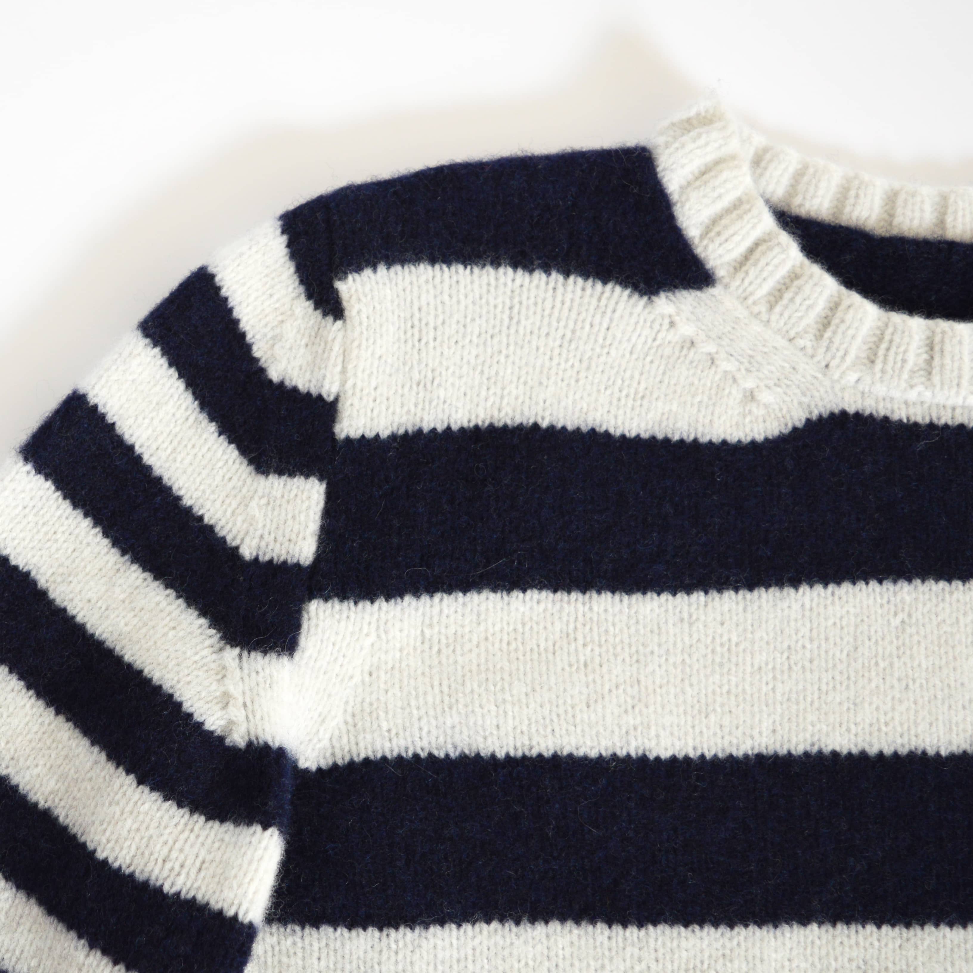 close up of breton knitting pattern. modern knitting pattern, knitting kit pure wool.