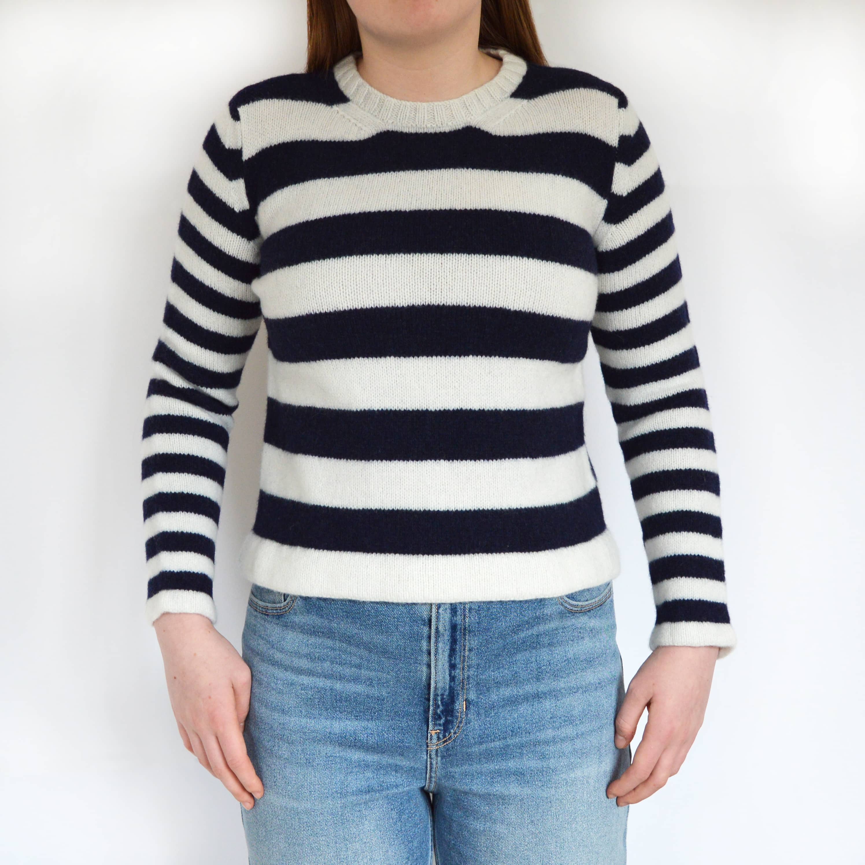 woman wearing breton stripe jumper knitting pattern. sweater knitting pattern stripe jumper sweater