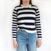 woman wearing navy and white stripe jumper knitting pattern.  modern knitting pattern, knitting kit, classic crew neck