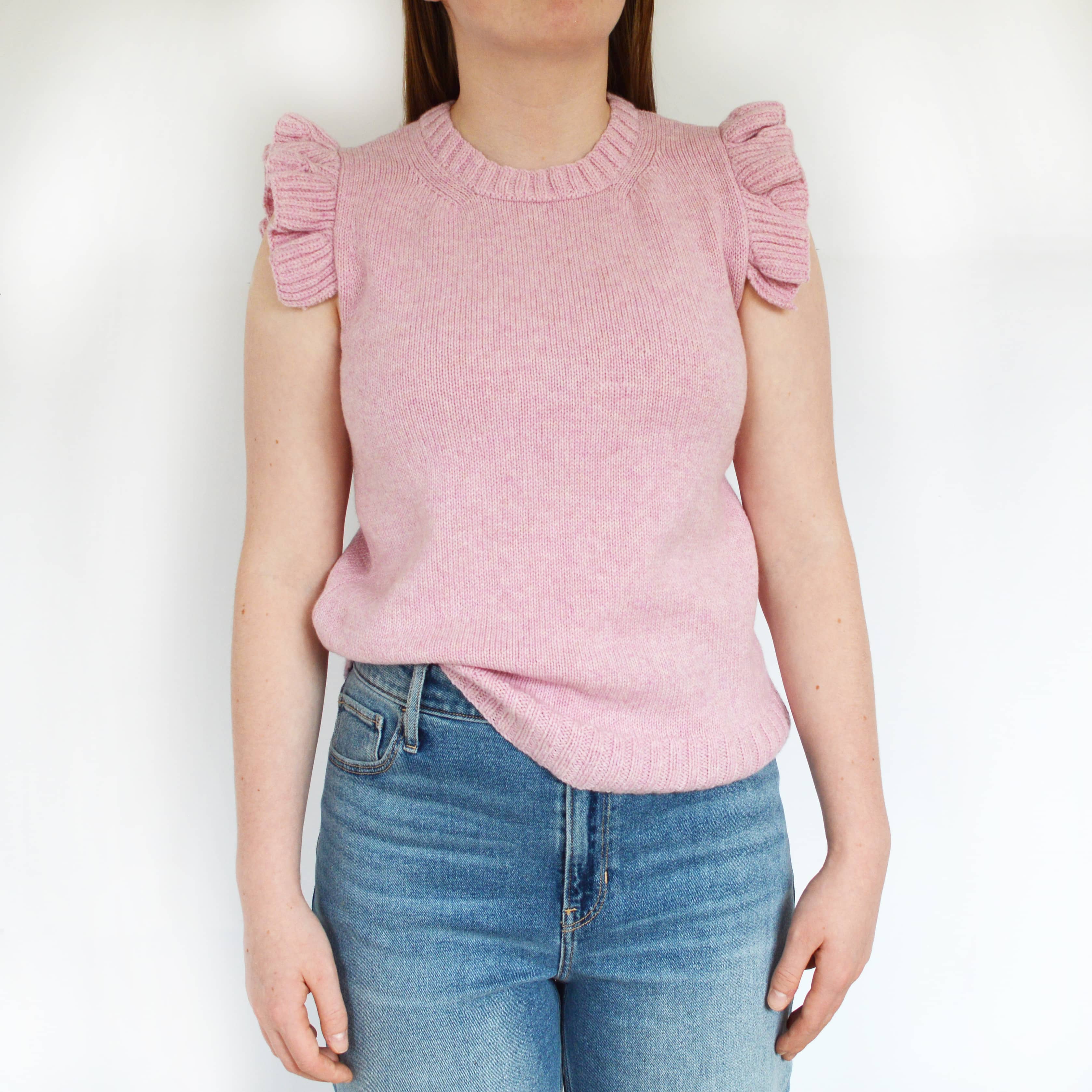 woman wearing modern stylish frill shoulder tank top with jeans. knitting pattern, knitting kit
