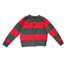 flat image of finished knitted jumper sweater cardigan with raglan sleeves.  red and grey big stripes