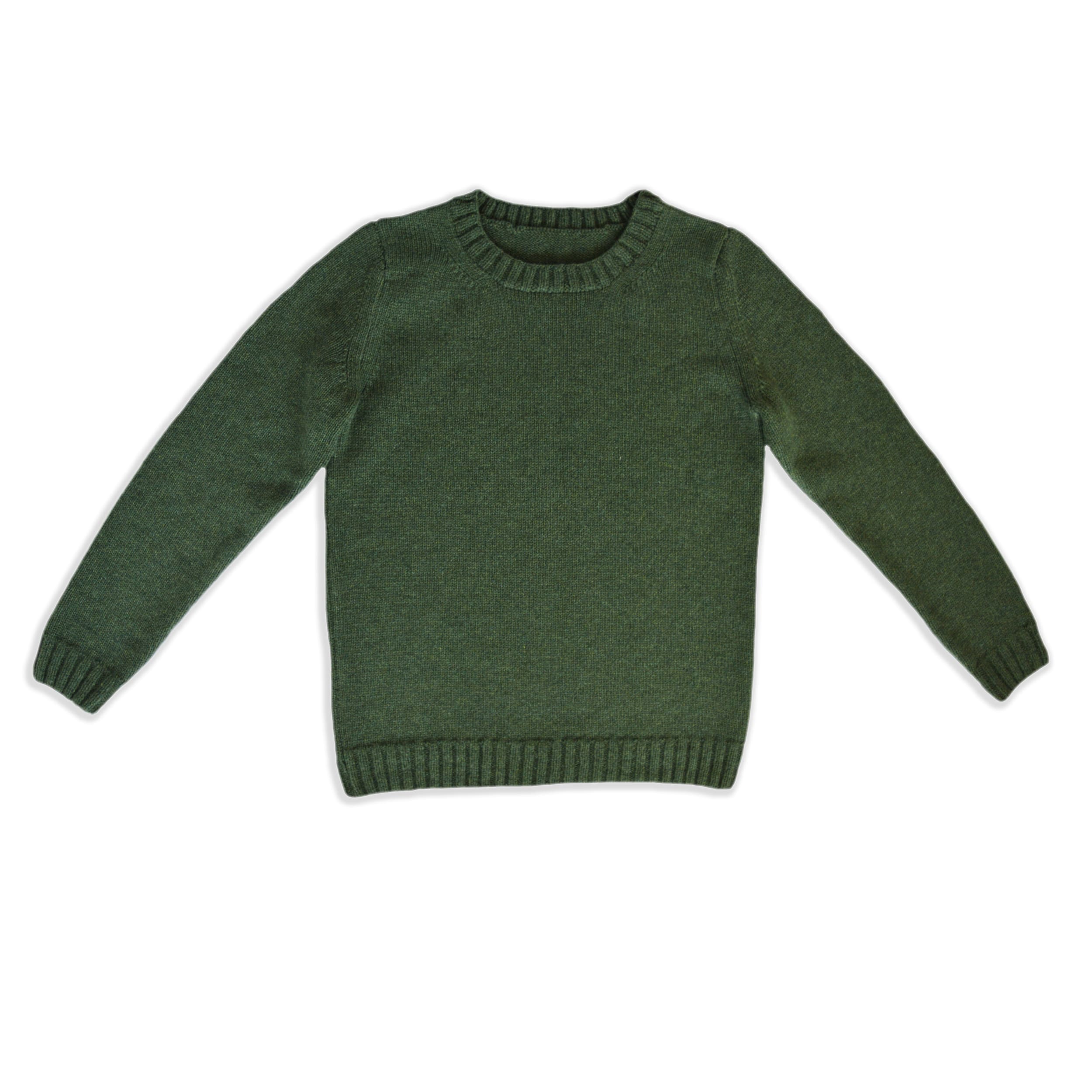 flat image of green knitted jumper, knitting pattern, knitting kit. easy to knit jumper