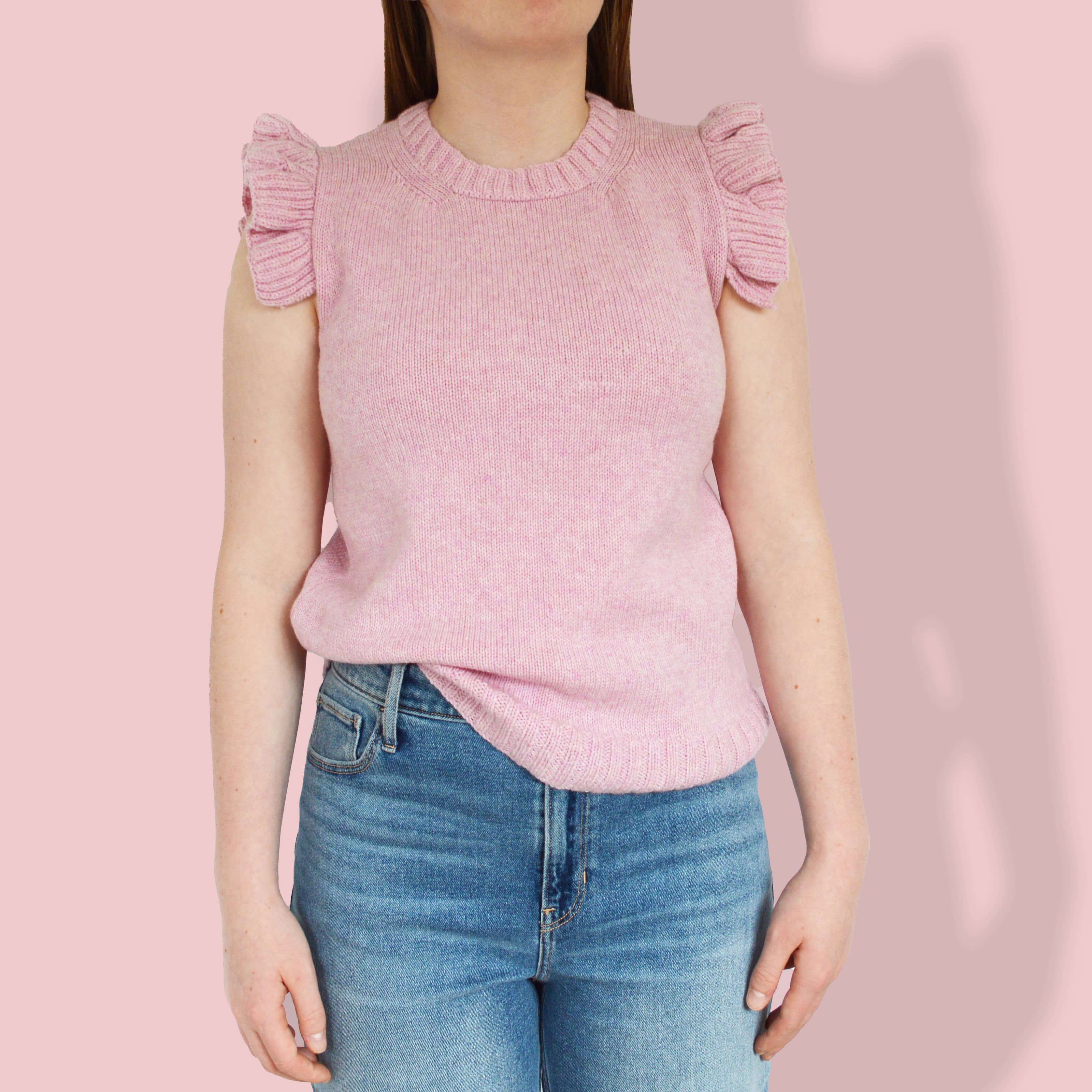 woman wearing knitted tank top knitting pattern, knitting kit. frill shoulder cute knitting pattern