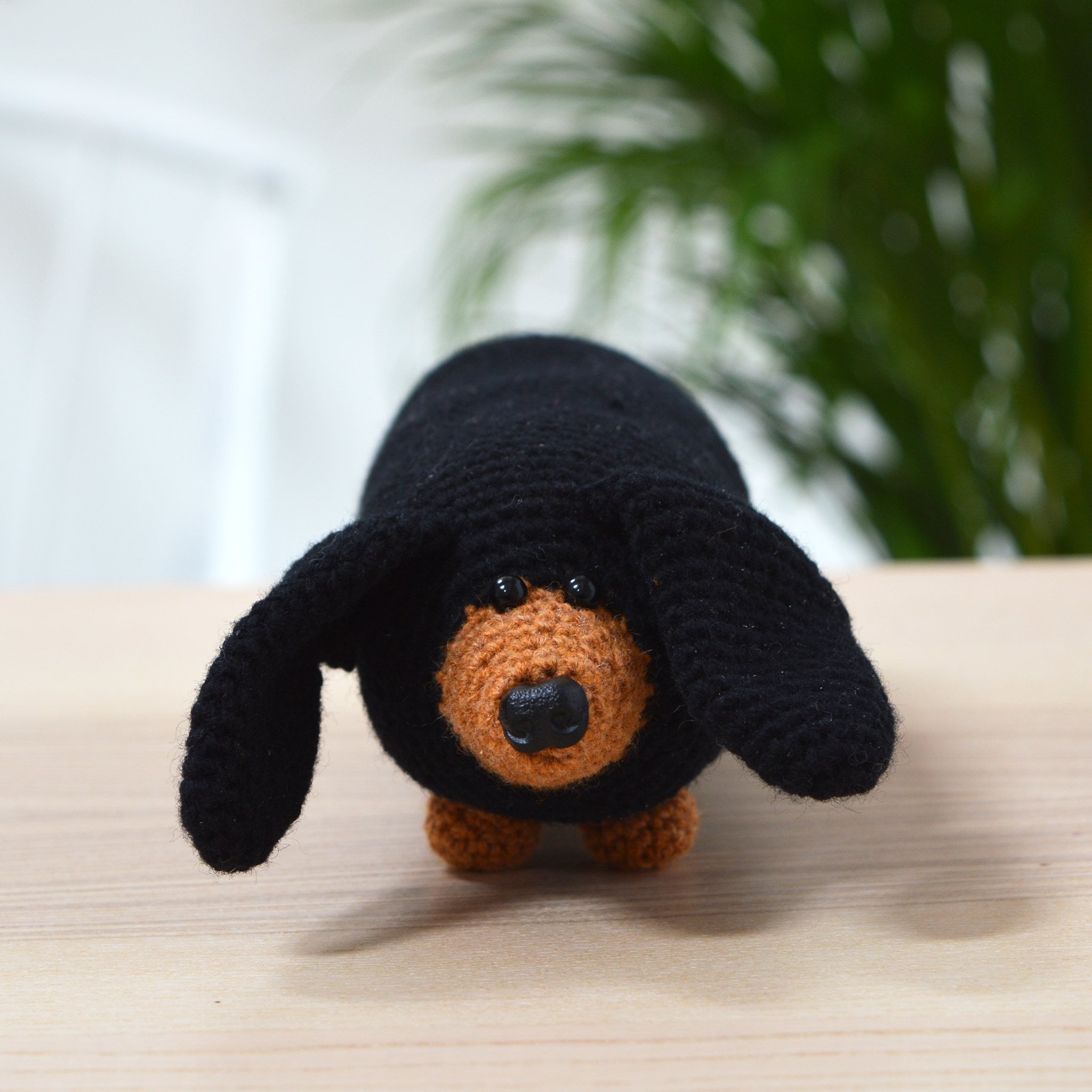 sausage dog crochet kit, from view of amigurumi dog