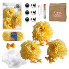 Yarn Studio product set with yellow yarn, duck-shaped yarn sculptures, and packaging on a white background.