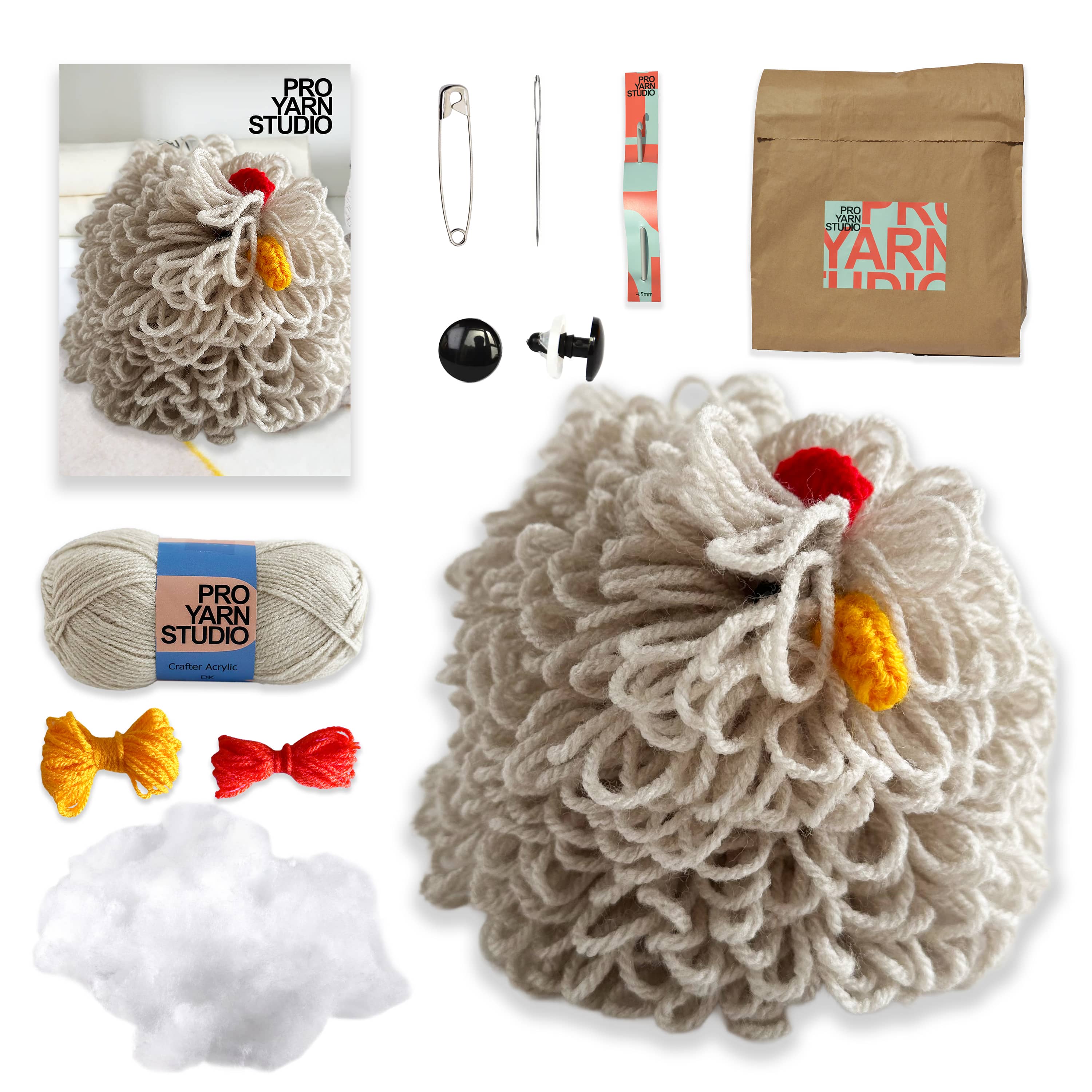 Yarn and craft supplies for creating a yarn chicken, including yarn, safety pins, and decorative items.