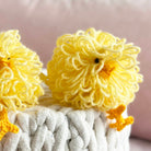 Two yellow lion plush toys with a white blanket on a light pink background