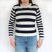 woman wearing breton stripe jumper knitting pattern.  sweater knitting pattern stripe jumper sweater