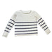 flat image of finished jumper with navy and white stripes and delicate lace knitted pattern, knitting kit