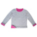 flat image of jumper from knitting pattern.  sweater laying flat showing knitting pattern, contrast cuffs and hem.  bright pink and grey sweater