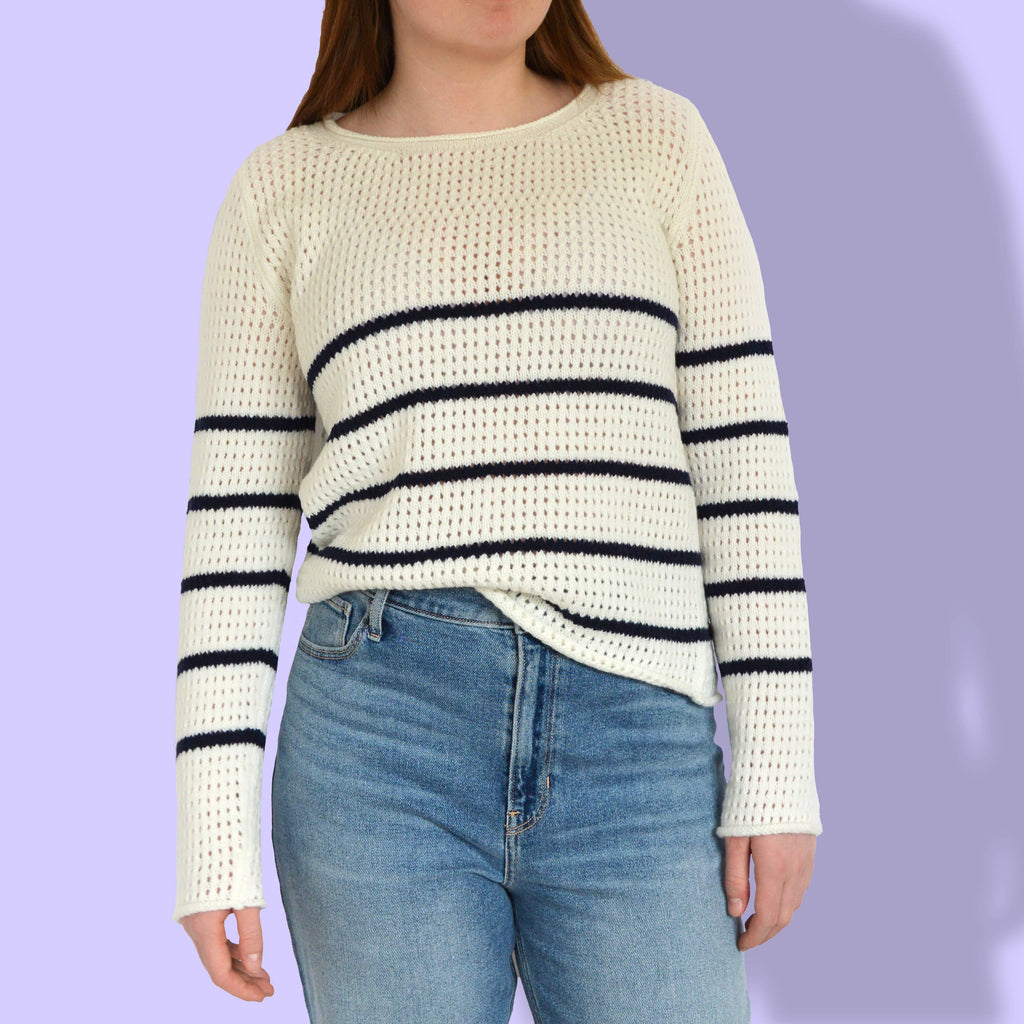 modern lace knitting pattern, breton sweater knitting pattern, knitting kit, navy and white stripe modern sweater knitting pattern