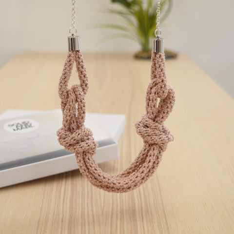 Modern crochet jewellery, knotted necklace crochet kit, finished necklace in pink