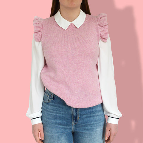 pink tank top knitting pattern, frill shoulder modern knitting pattern.  